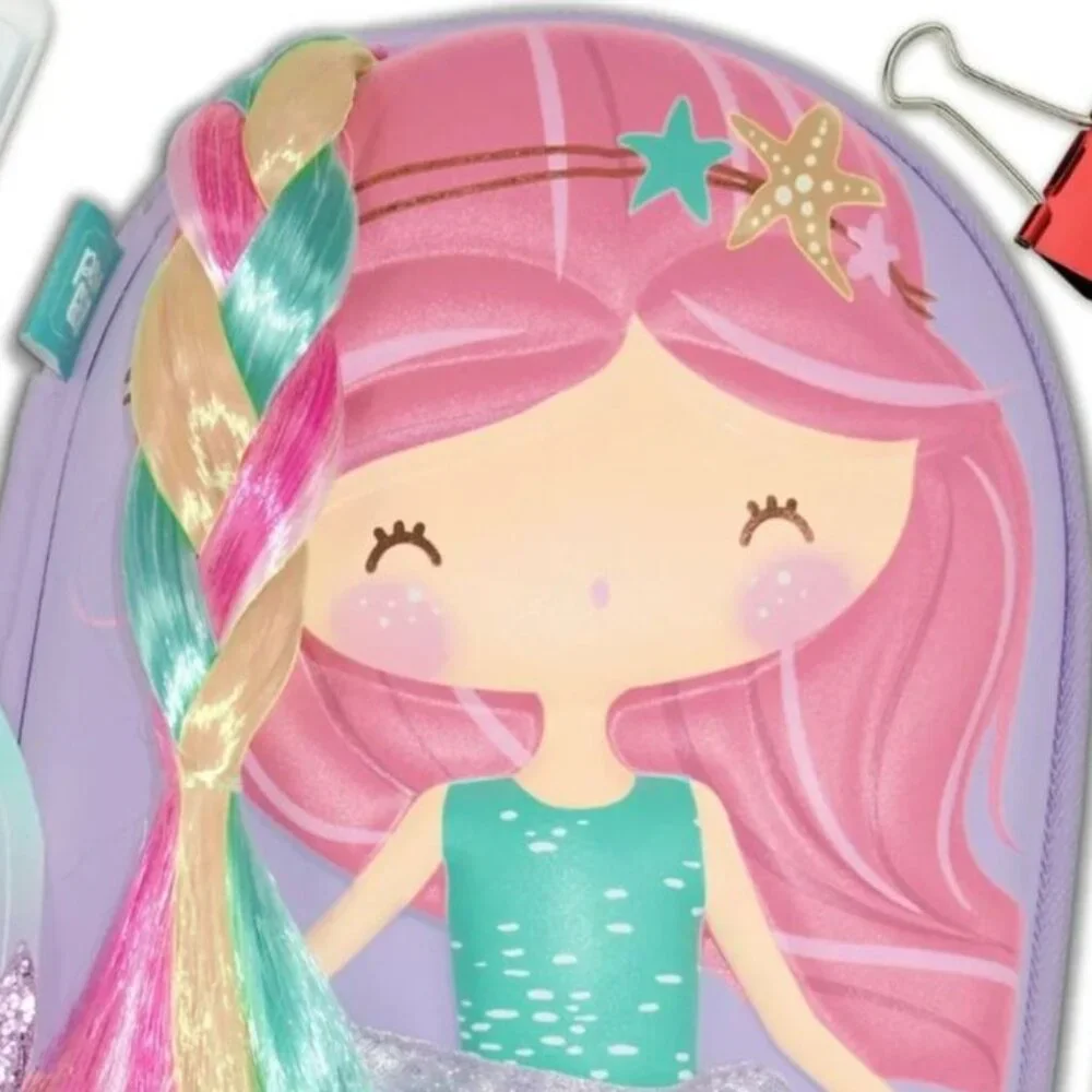 3D Purple Glitter Mermaid Zipper Pencil Case With Colorful Hair Sequin Tail NEW